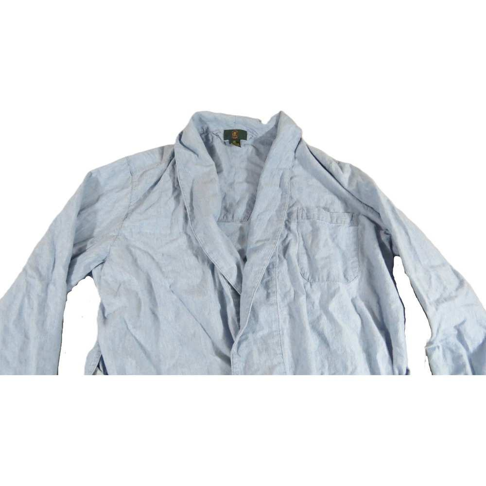 VTG 90s Club Room Robe Men M Blue Cotton Chambray Long Sleeve Bathrobe Lounge - Picture 4 of 14